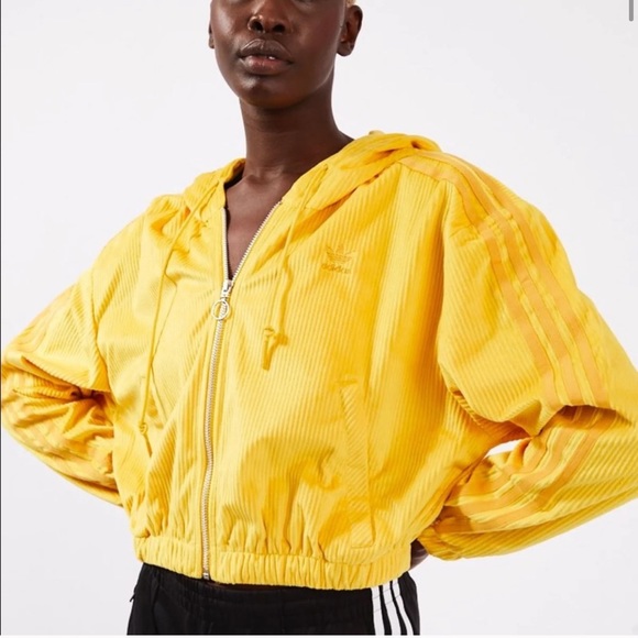 adidas Tops - ADIDAS Cropped Yellow Corduory Stripe Hoodie